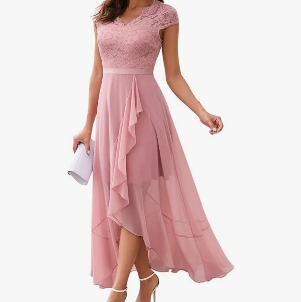Pink High Low A-line Dress with Flutter Sleeves for Wedding Guest